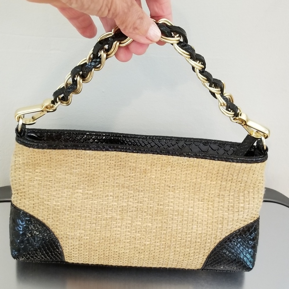 BEBE STRAW PURSE WITH BLACK TRIM